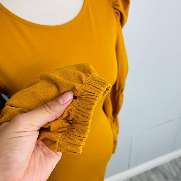 NWT CHERRY MELLOW YELLOW BRONZE LONG SLEEVE PUFF SLEEVE BODY CON DRESS - Picture 3 of 5